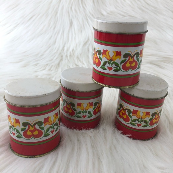 Vintage Metal 60's 70's Style Storage Containers Red Floral Pattern - Picture 3 of 11